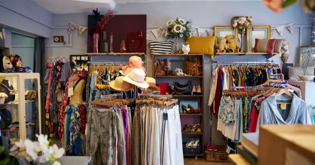 A periwinkle room with wood floors and several clothing racks filled with hanging clothes and accessories.